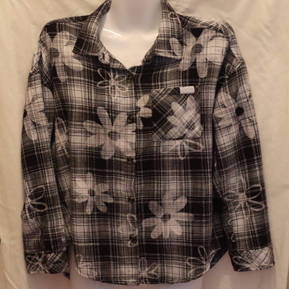 Justice Flowered Plaid and floral button up Size L Black /White